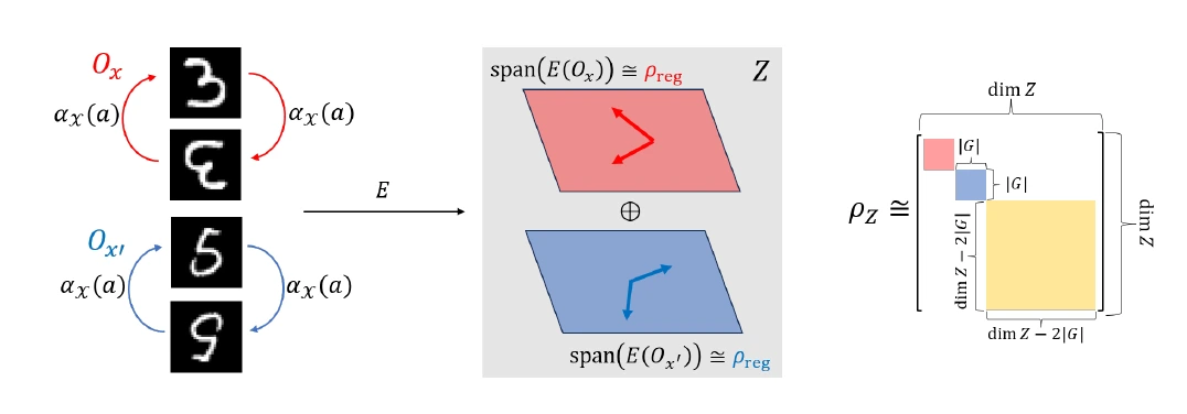 Two digit orbits under horizontal flips are encoded into separate copies of the regular representation in latent space.